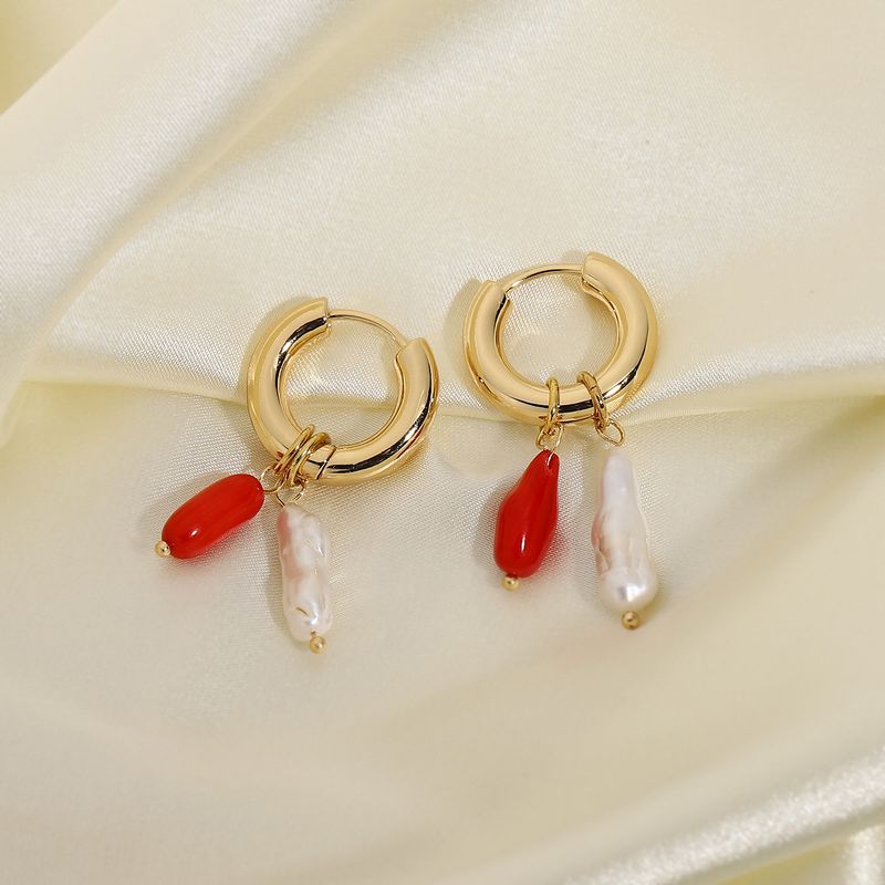 Korean Style Hand-woven Natural Coral Stone Freshwater Pearl Pendant Earrings