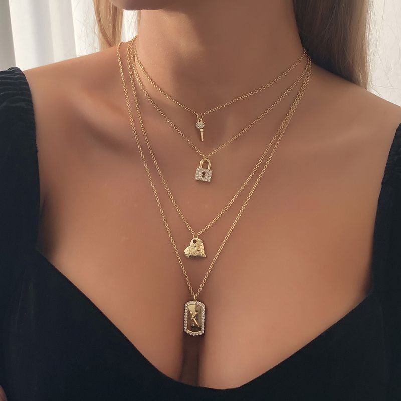 Fashion Alloy Diamond Heart Lock Square Pendent Multi-layer Necklace