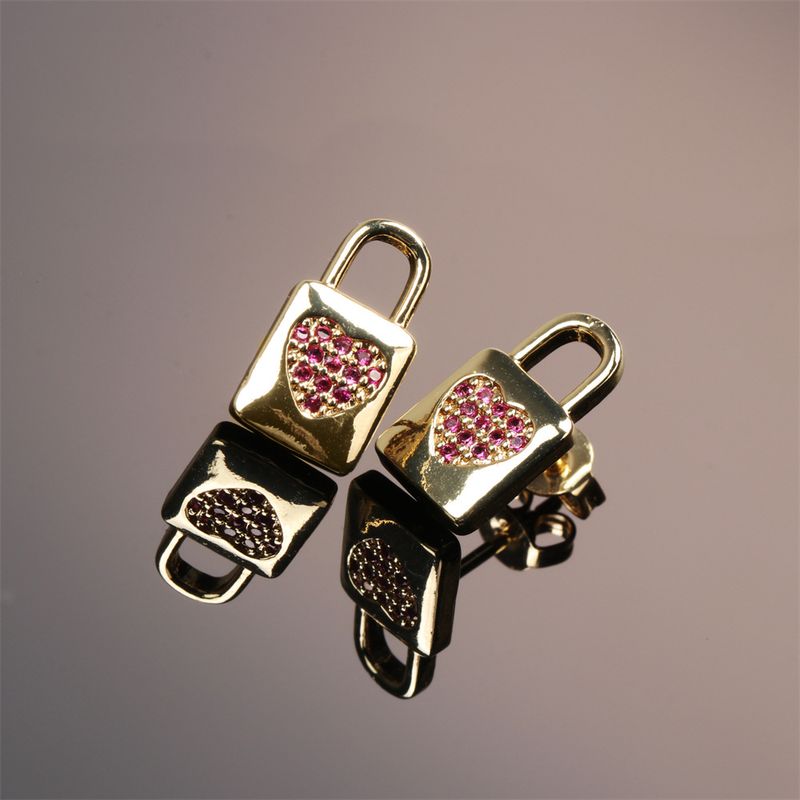 Fashion Copper Inlaid Color Zircon Lock Carved Earrings