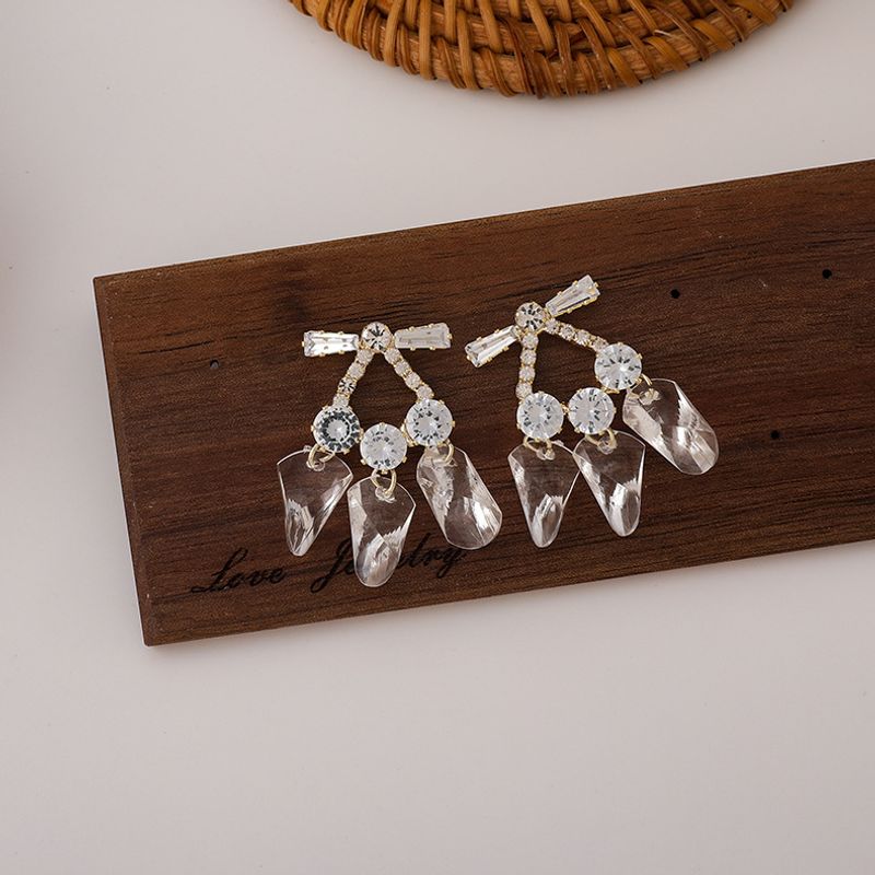 Korean Zircon Crystal Bow Tassel Transparent Water Drop Gemstone Earrings