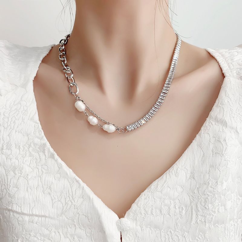 Fashion Freshwater Pearl Stitching Zircon Chain Necklace