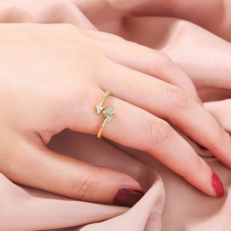 Fashion Golden Full Zircon Heart-shaped Triangle Open Ring