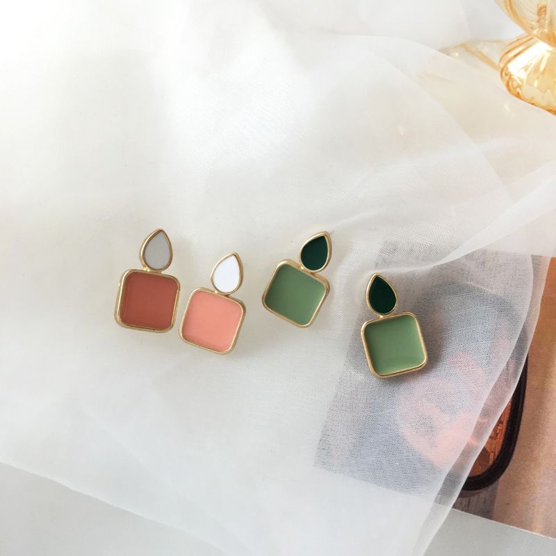 Creative Geometric Small Square Drop Oil Contrast Color Earrings
