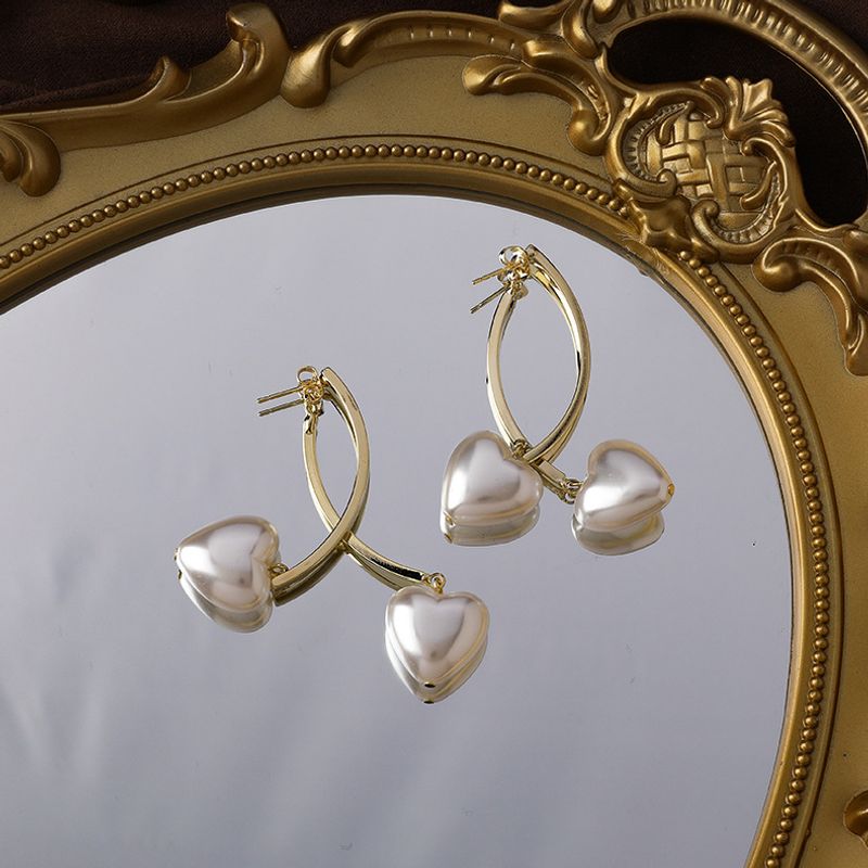Simple Heart-shaped Pearl Cross Long Earrings