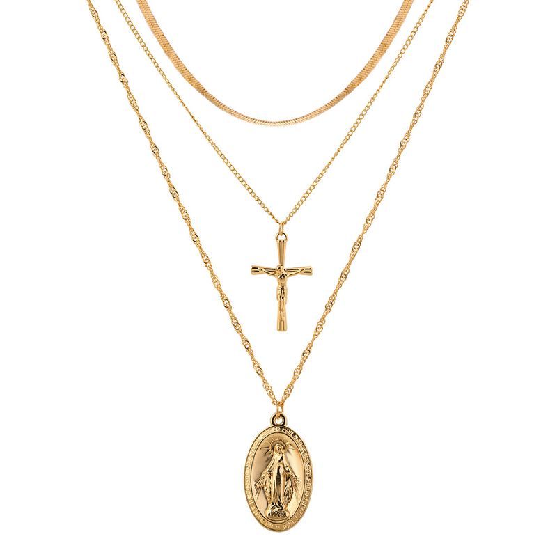 Retro Embossed Jesus Cross Multi-layer Necklace