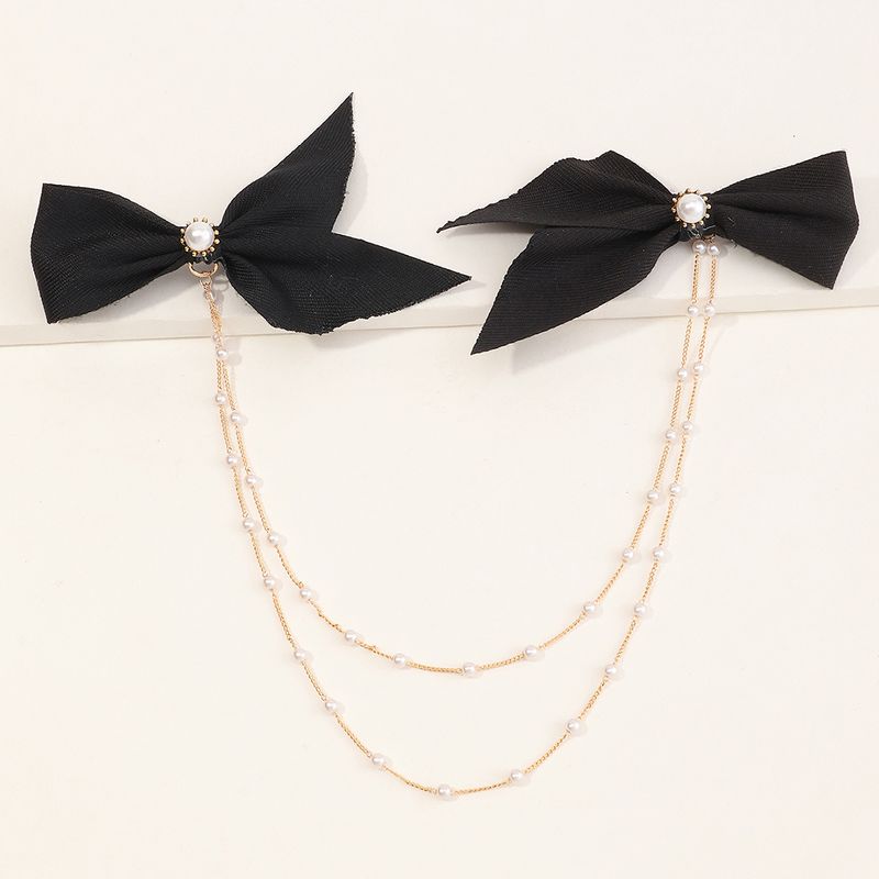 Fashion Korean New Style Simple Bowknot Double Chain Pearl Word Clip