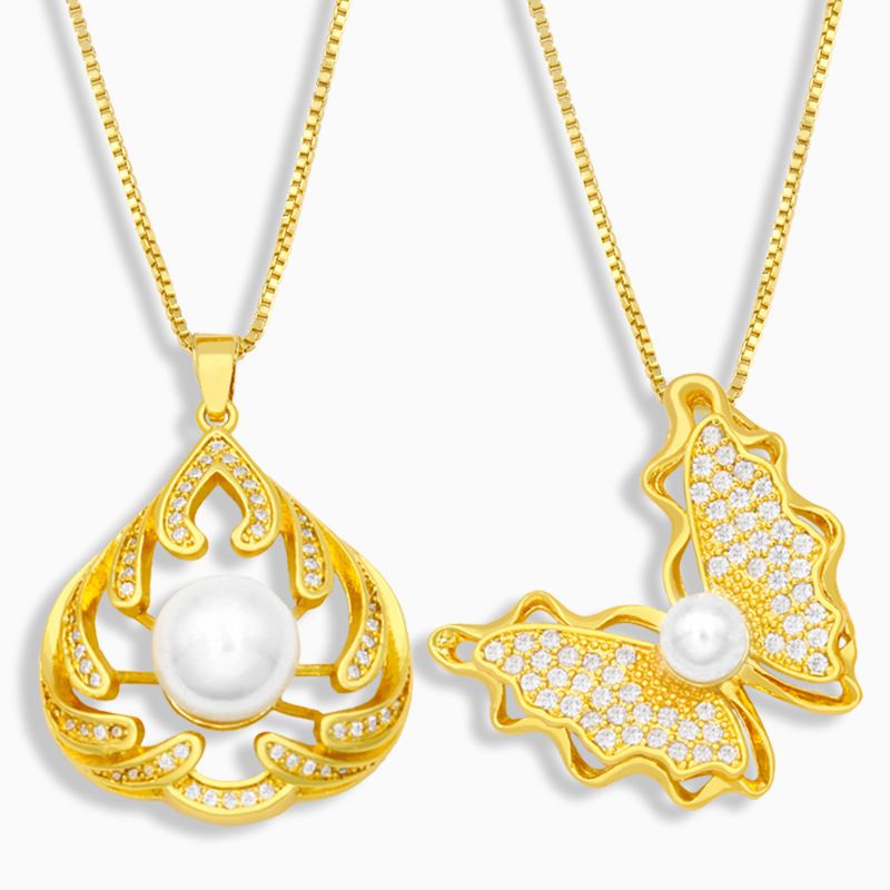 Mode Perle Schmetterling Kupfer Eingelegte Zirkon Halskette Großhandel