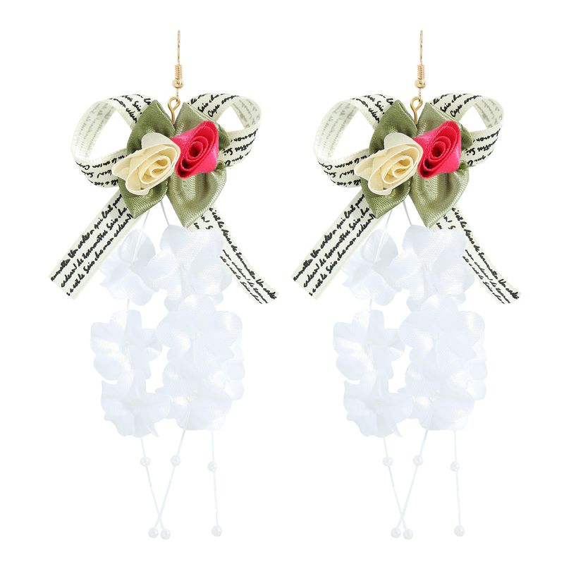 Fashion Mesh Fabric Flower Tassel Bow Earrings