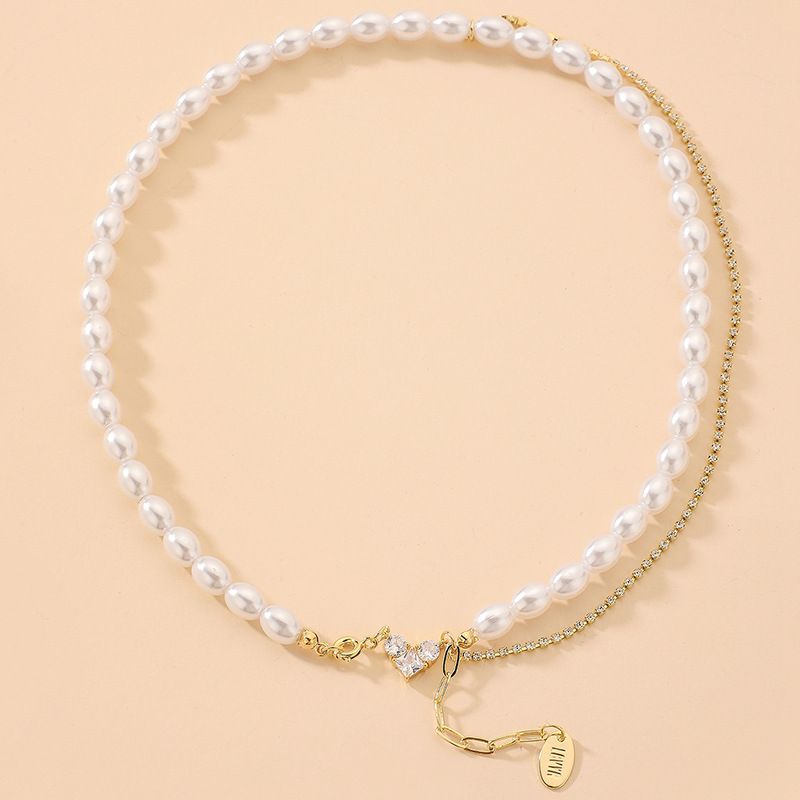 Retro Rhinestone Love Pearl Pendant Necklace