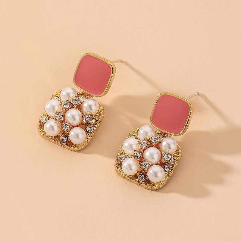 Korean Style Retro Pearl Inlaid Rhinestone Square Earrings