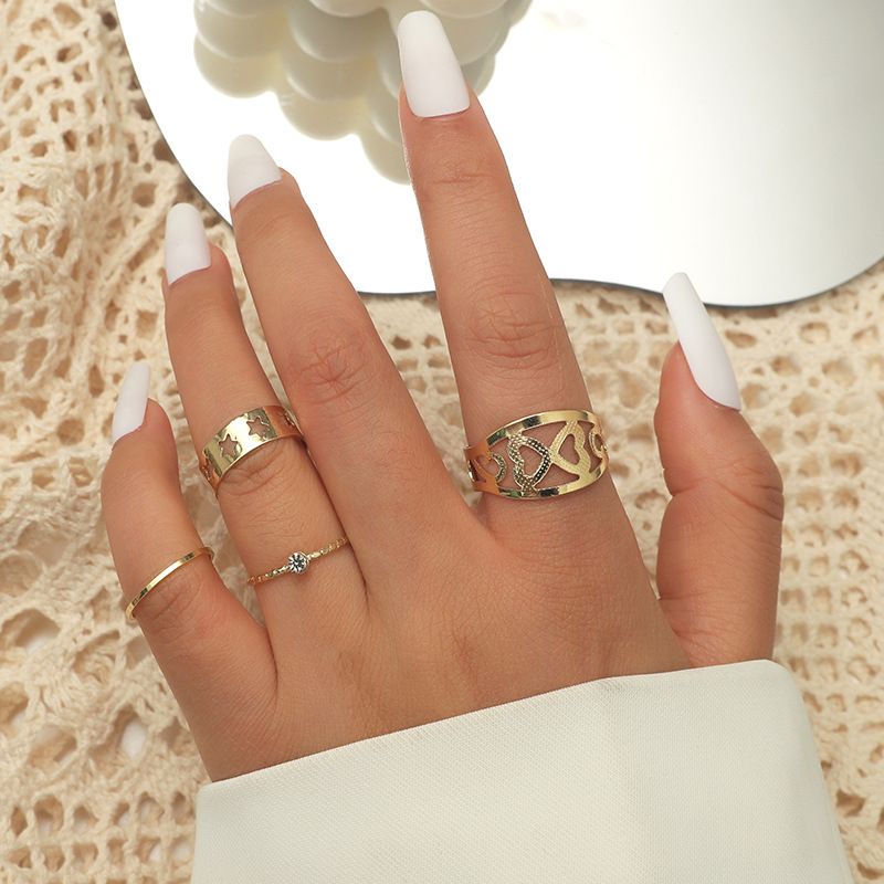 Korean Alloy Geometric Hollow Ring 4-piece Set