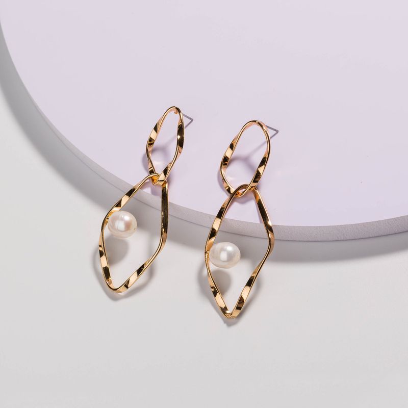 Fashion Simple Pearl Double Diamond Shape Alloy Pendant Earrings