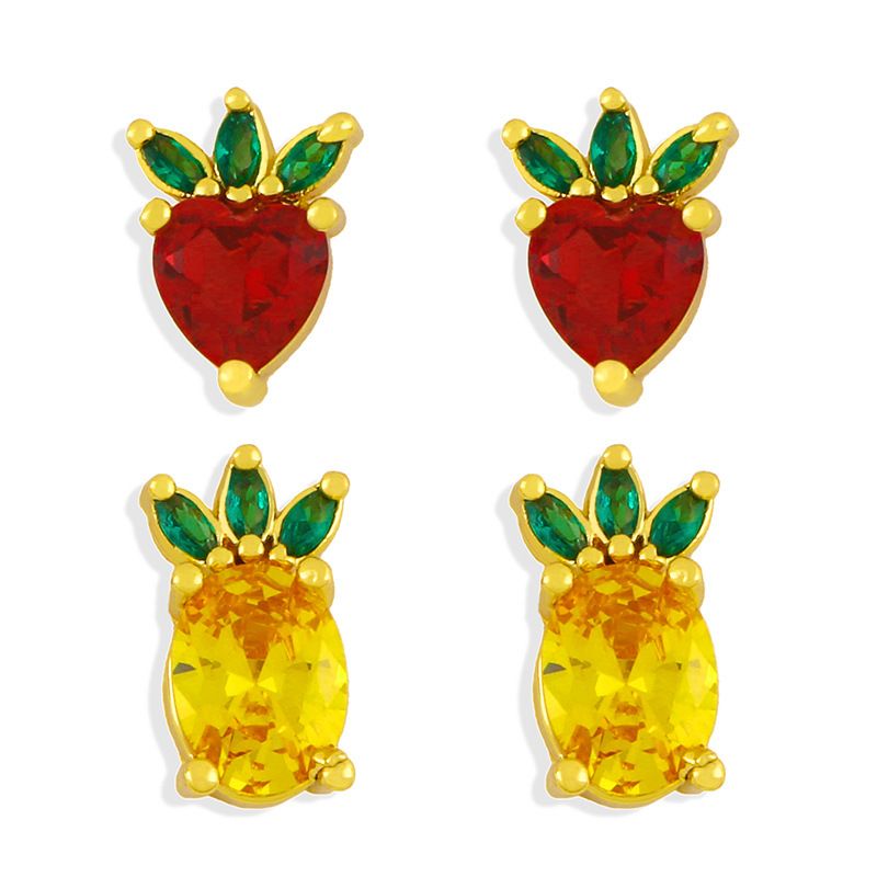 Cute Fruit Pineapple Strawberry  Diamond Earrings
