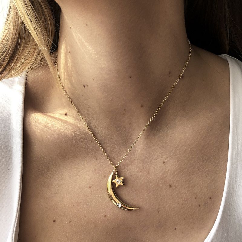 Fashion Alloy Micro-inlaid Moon Star Necklace