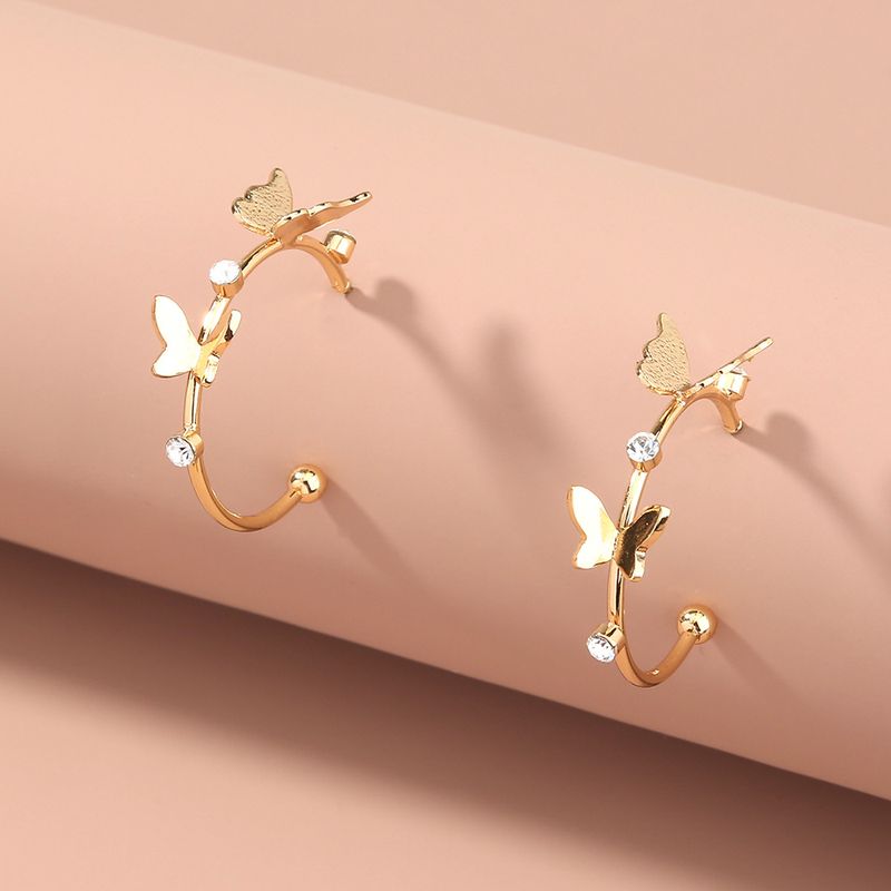 Fashion C-shaped Glossy Butterfly Diamond Earrings