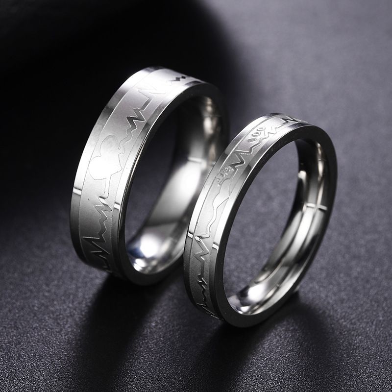 Simple Titanium Steel Electrocardiogram Couple Rings