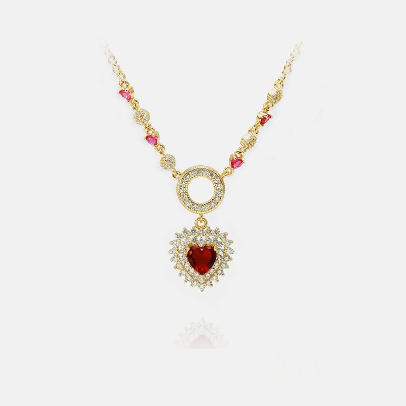 Wholesale Fashion Copper Gold-plated Zircon Red Heart Necklace