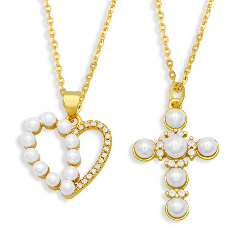 Collier De Perles Demi-coeur Croix Simple