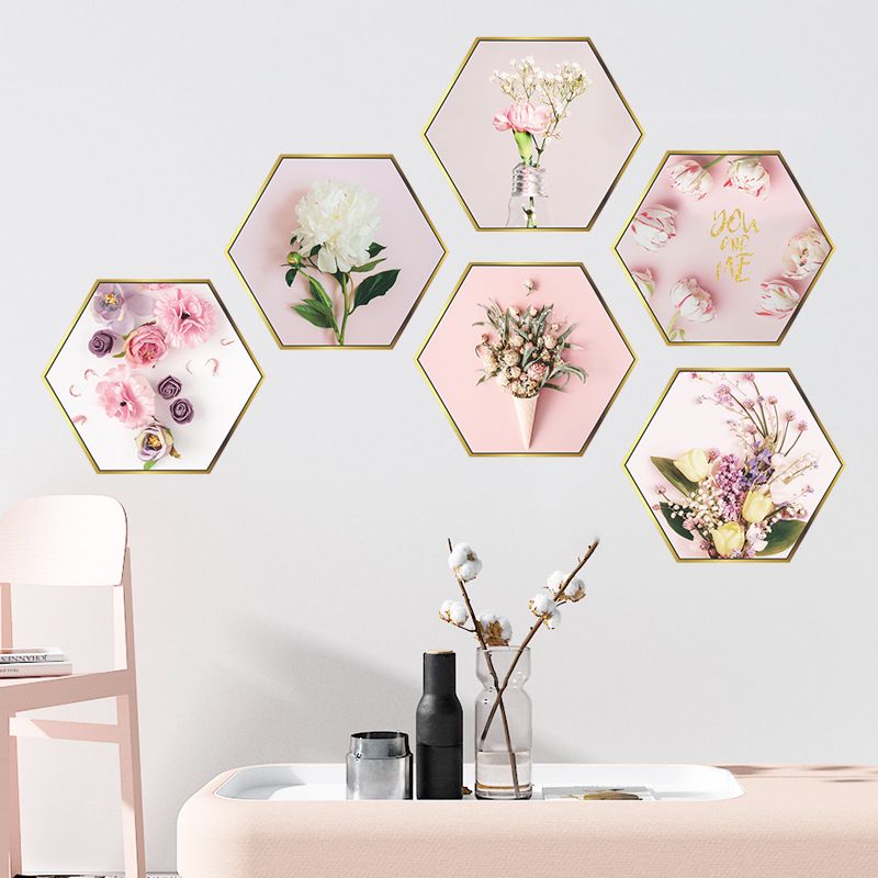 New Pink Flower Flat Hexagonal Photo Frame Wall Sticker
