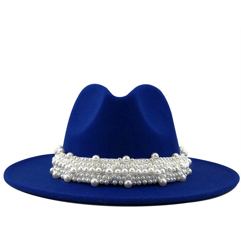Moda Elegante Perla Sombrero De Lana De Ala Grande