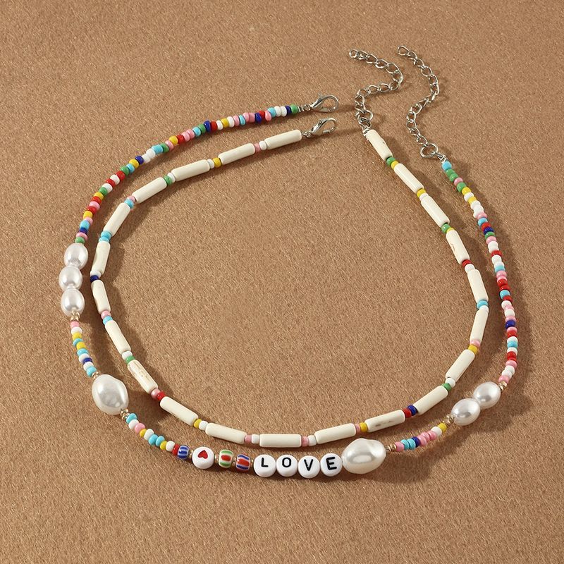 Ethnic Stacked Letter Pearl Beaded Multi-layer Necklace