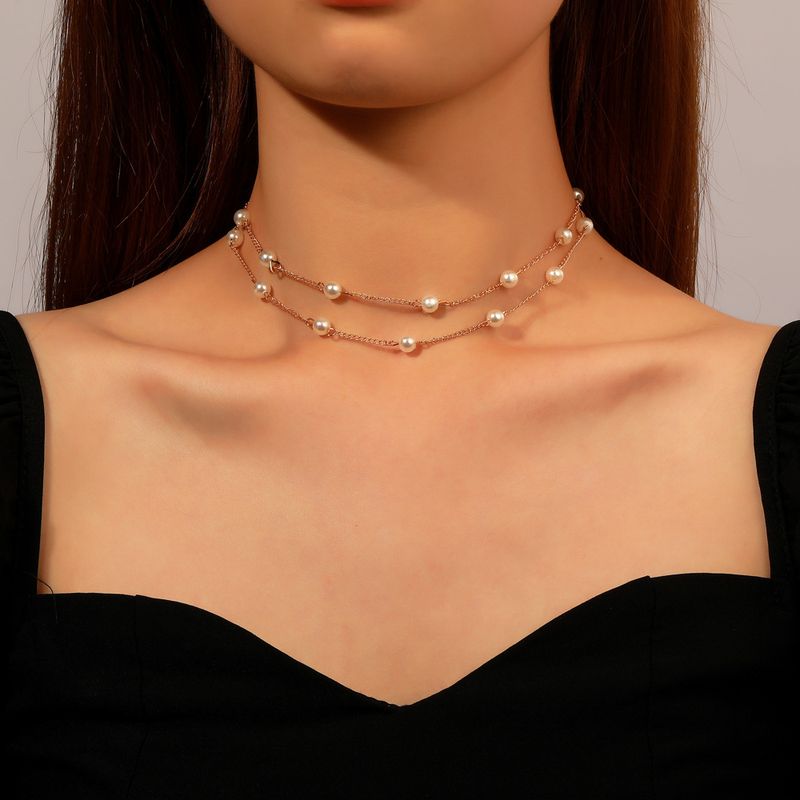 Collar De Perlas Simple Coreano Moderno Temperamento Metal Cobre Doble Capa Clavícula Cadena Cuello Cadena Comercio Exterior Nuevo Producto Collar Mujeres