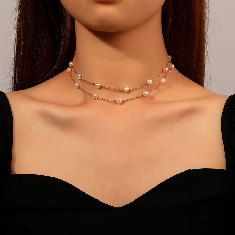 Korean Simple Pearl Necklace Fashionable Temperament Metal Copper Double Layer Clavicle Chain Neck Chain Foreign Trade New Product Necklace Women