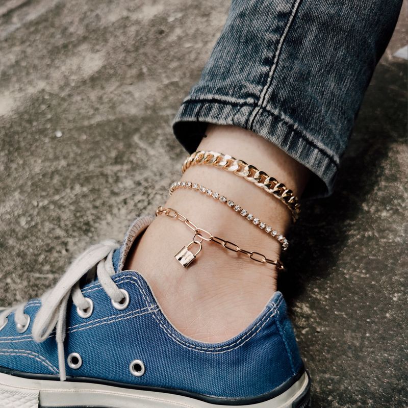 Punk Style Creative Thick Chain Lock Pendant Micro-inlaid 3-layer Anklet