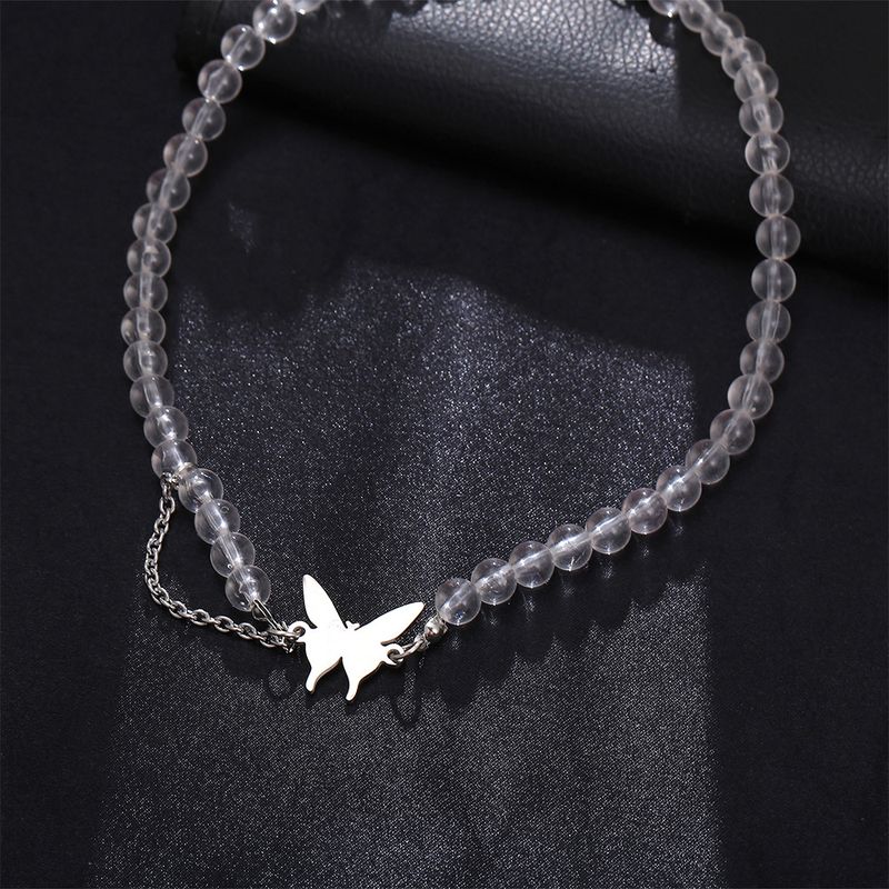 Simple Transparent Round Bead Butterfly Alloy Necklace