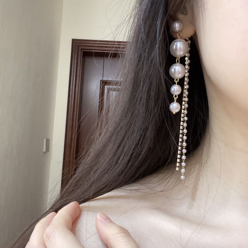 Korean Style Diamond Tassel Pearl Long Earrings