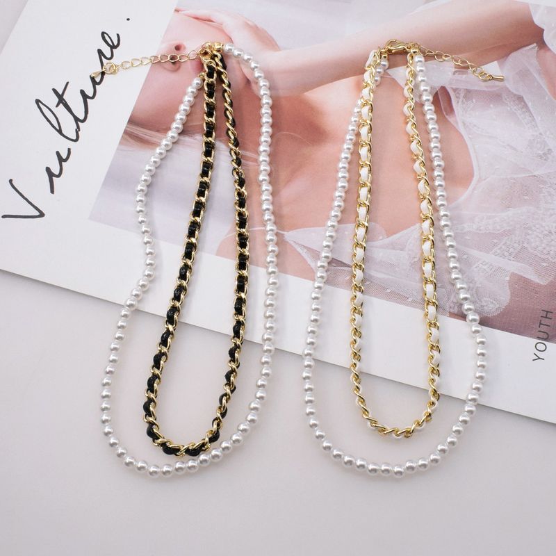Fashion Double Layered Leather Braided Pearl Clavicle Chain