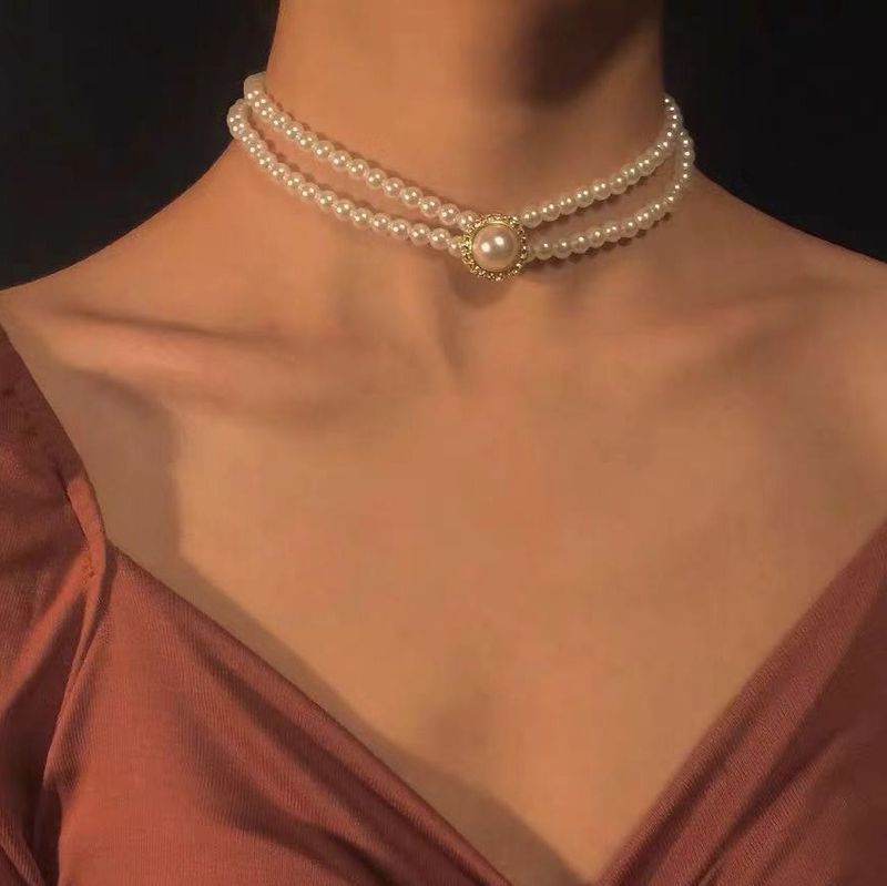 Collar Corto Doble Simple Con Perlas De Diamantes Y Cristal