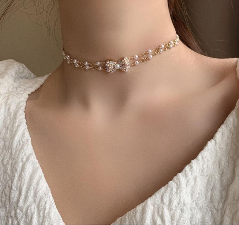 Simple Diamond-studded Bowknot Handmade Pearl Multi-layer Necklace