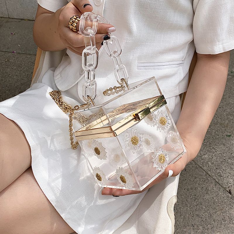 Fashion Flower Chain Messenger Transparent Small Square Bag