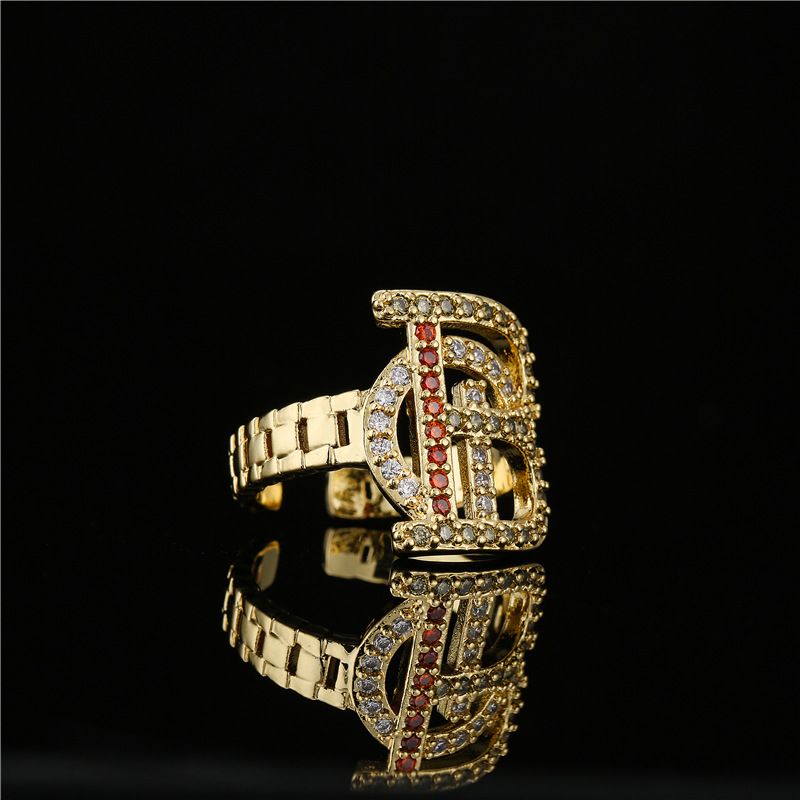 European Hip Hop Culture Street Punk Jewelry 18k Real Gold Plated Copper Micro Inlaid Geometric Open Ring