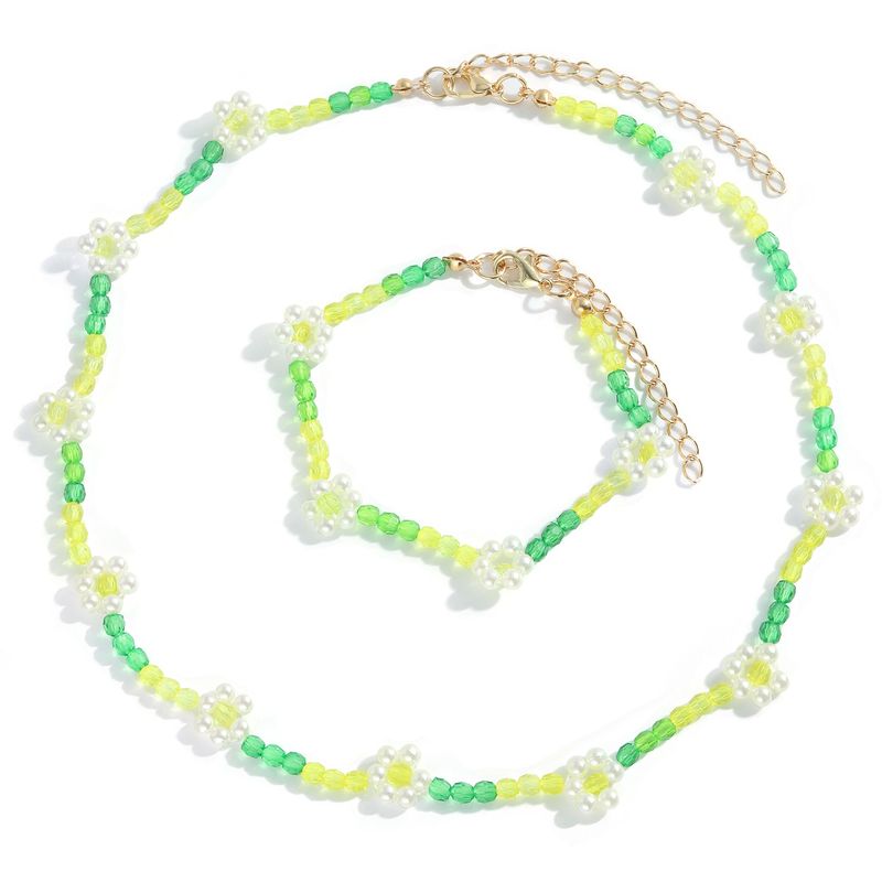 Ethnic Hand-woven Acrylic Flower Round Bead Chain Necklace Bracelet Set