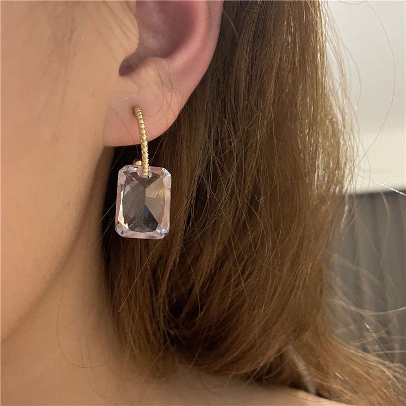 2021 New European And American Ins Style Earrings Light Purple Cube Sugar Ice Cube Shape Crystal Zircon Light Luxury Temperament Ear Ring