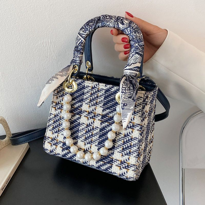 Fashion Plaid Pattern Pearl Chain Cross-body Handbag