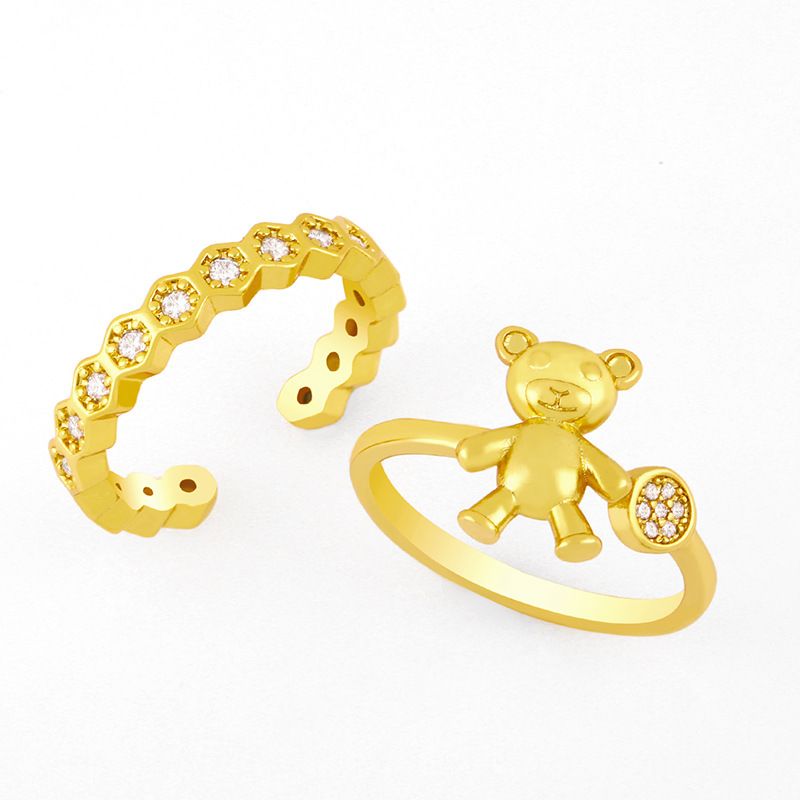 Korean Bear Shape Micro-inlaid Zircon Geometric Honeycomb Open Ring