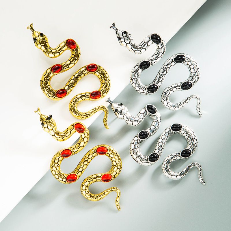 Punk Style Metal Snake-shaped Winding Inlaid Gemstone Earrings