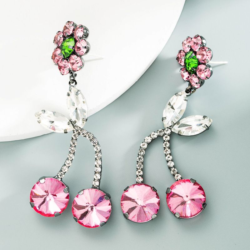 Korean Style Pink Cherry Flower Full Diamond Long Earrings