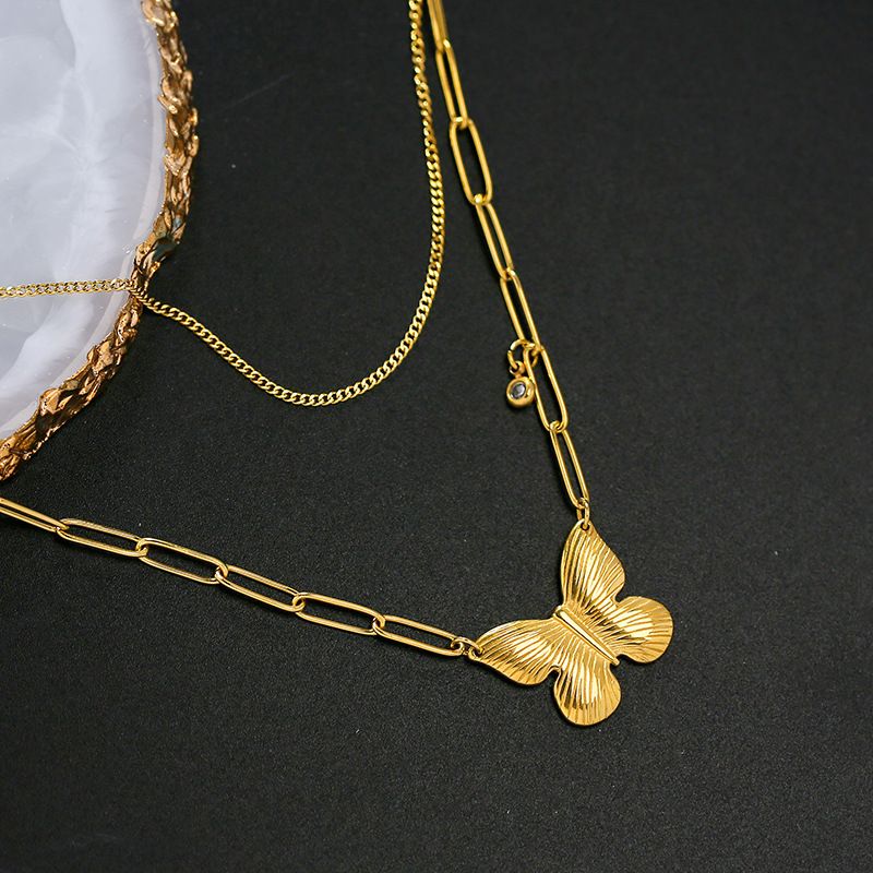 14k Golden Butterfly Pendant Necklace Titanium Steel Metal Necklac