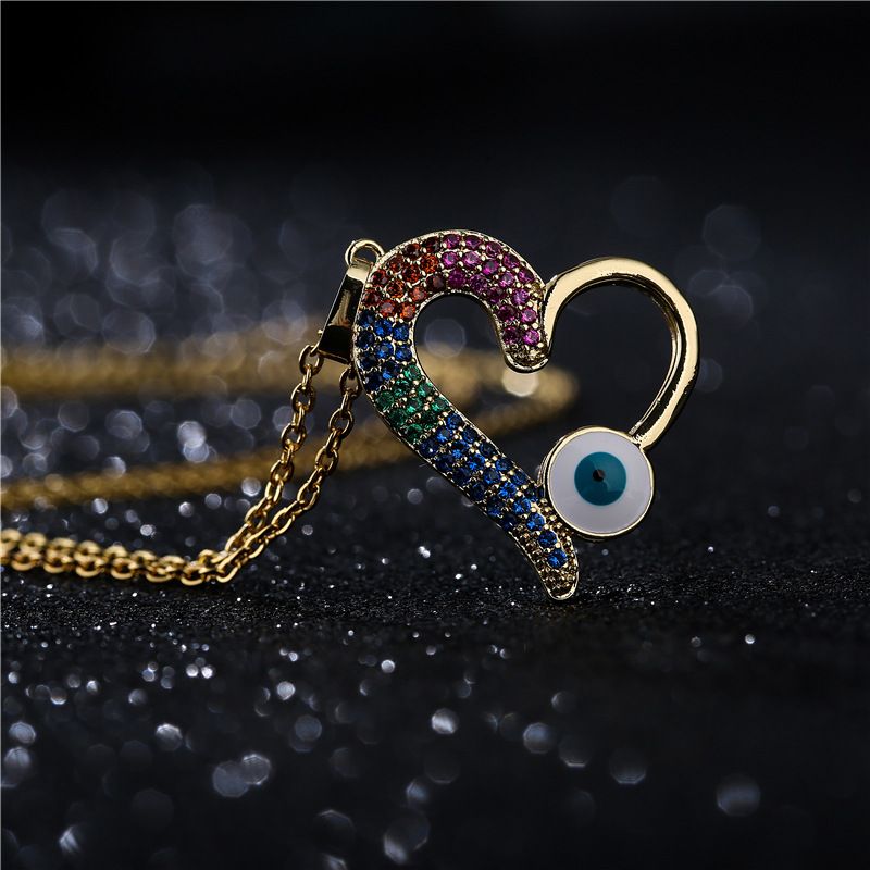 Fashion Copper Micro-inlaid Color Zirconium Heart Shape Oil Dripping Devil's Eye Pendant Necklace