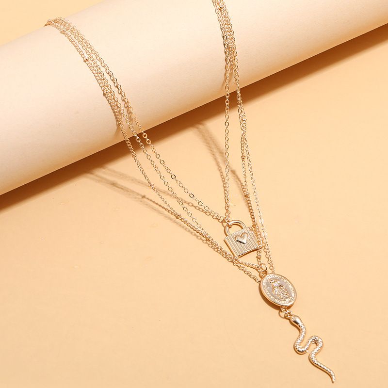 Exaggerated Style Long Multi-layer Metal Snake Portrait Lock Necklace