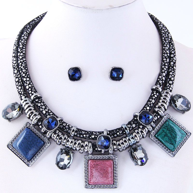 Simple Square Inlaid Gem Pendent Double Rope Necklace Earrings Set