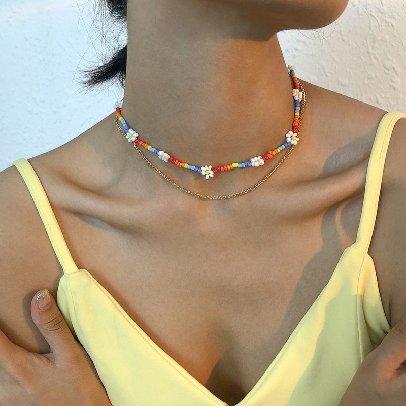 Bohemian Contrast Color Rice Bead Double Necklace
