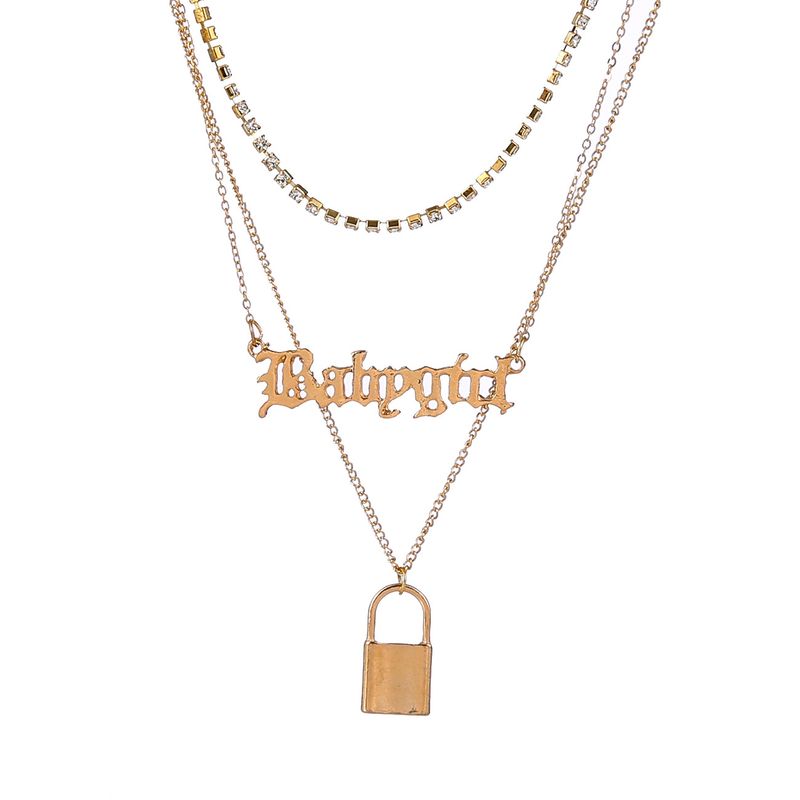 Fashion Simple Letter Lock Pendant Full Of Diamonds Multi-layer Necklace