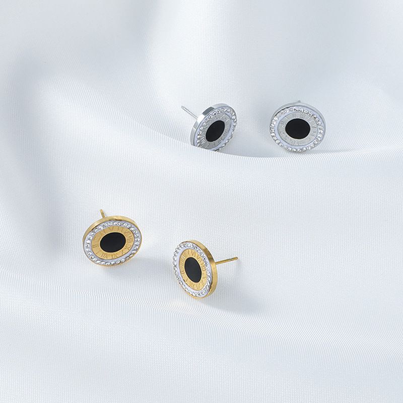 Korean Round Diamond Contrast Color Stainless Steel Earrings