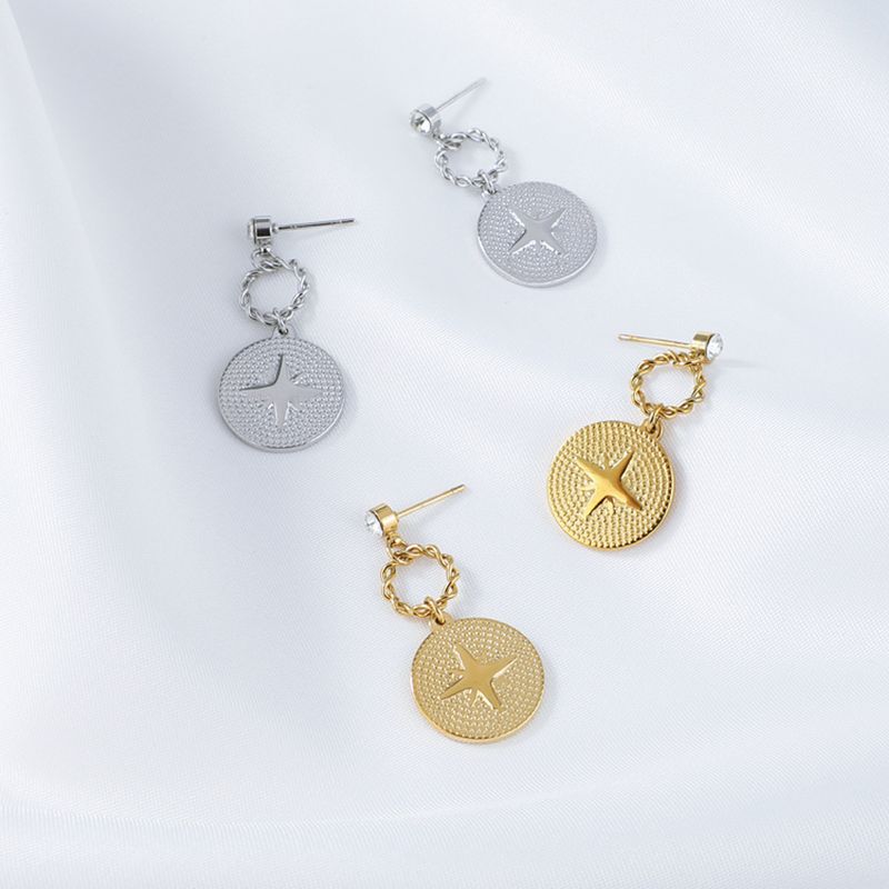 Simple Round Star Stainless Steel Gold-plated Earrings