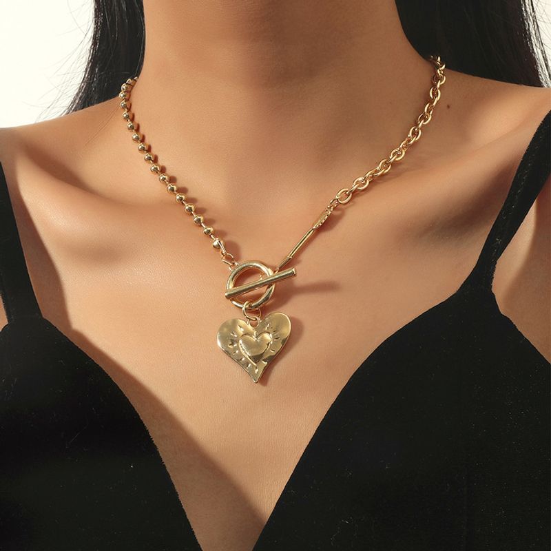 Simple Style Heart Shape Pendant Small Round Beads Chain Ot Buckle Necklace